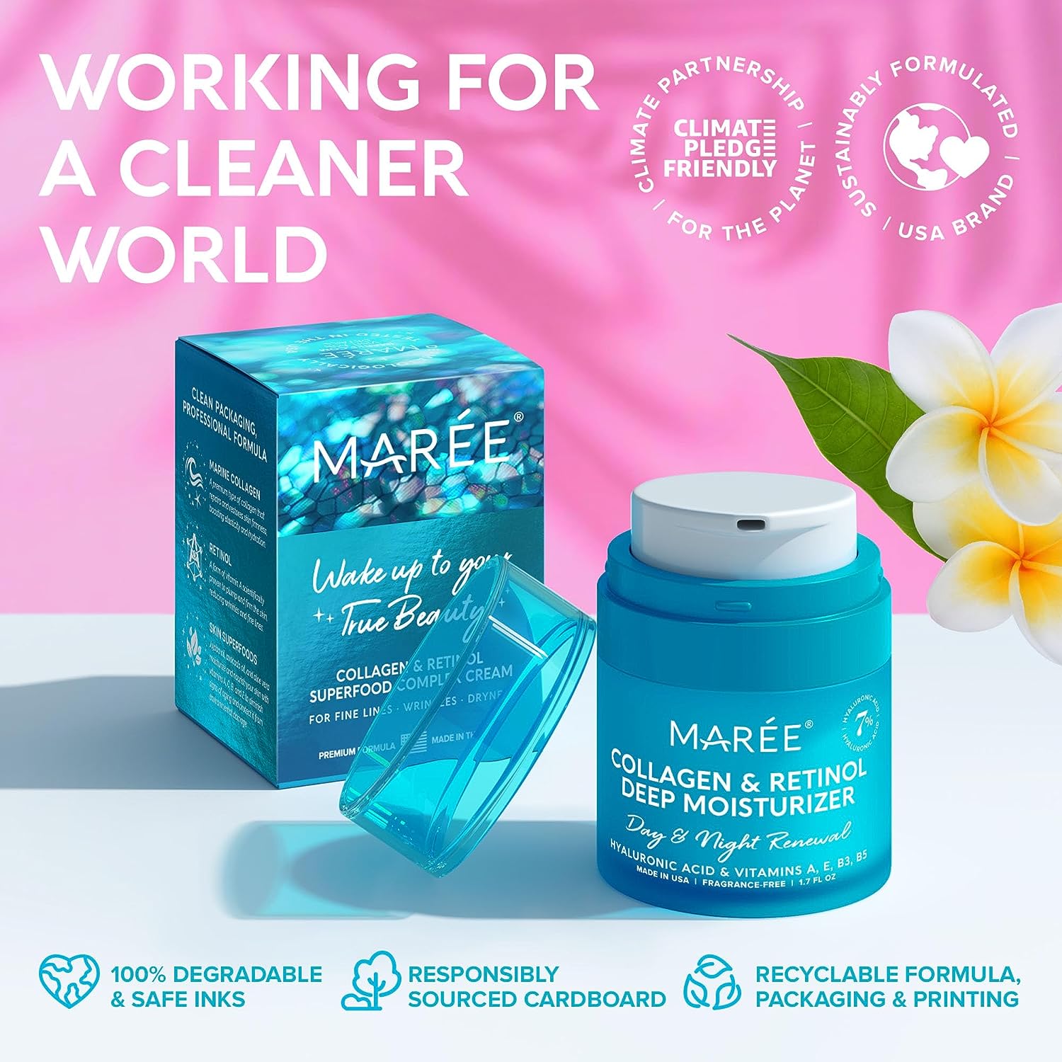 MAREE Face Moisturizer - Collagen Cream for Women - Anti-Wrinkle Retinol Cream with Hyaluronic Acid - Day & Night Cream for Face - Instant Face Lift Cream with Hydrating & Firming Effect - 1.7oz