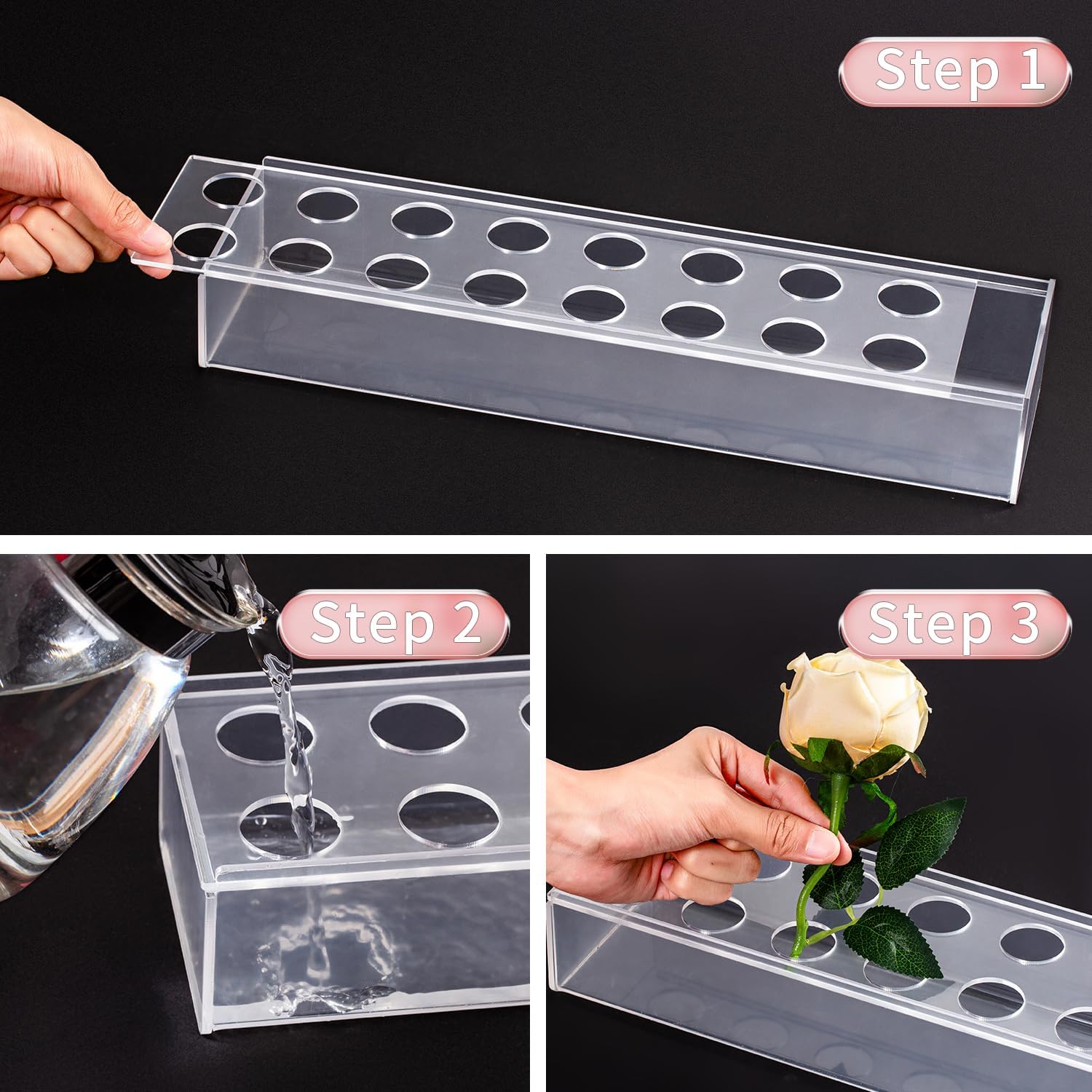 Clear Acrylic Flower Vase Rectangular Floral Centerpiece for Dining Table, 15.7 Inch Long Rectangle Acrylic Vase for Home Wedding Dining Table Decor