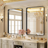 VooBang Bathroom Mirror 24x32 inch, Black Gorgeous Deep Frame Wall Mirror, Modern Round Corner Bathroom Vanity Mirror for Bedroom, Living Room, Hanging or Leaning Horizontal or Vertical, Black Black 32