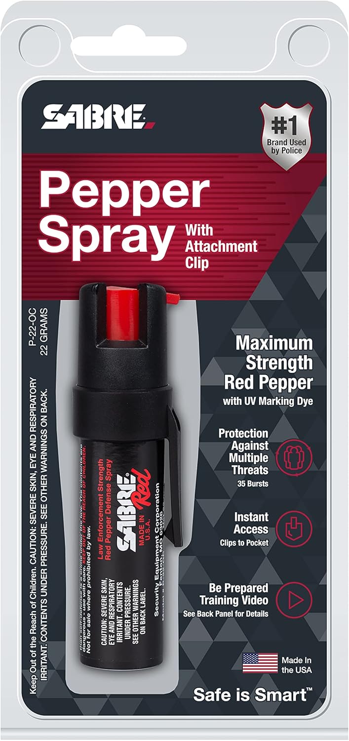 SABRE RED Compact Pepper Spray, Max Police Strength OC Spray with UV Dye, Compact Belt Clip For Easy Carry & Fast Access, Protect Against Multiple Threats, 0.67 fl oz, Secure & Easy to Use Safety Black, 2-Pack Spray