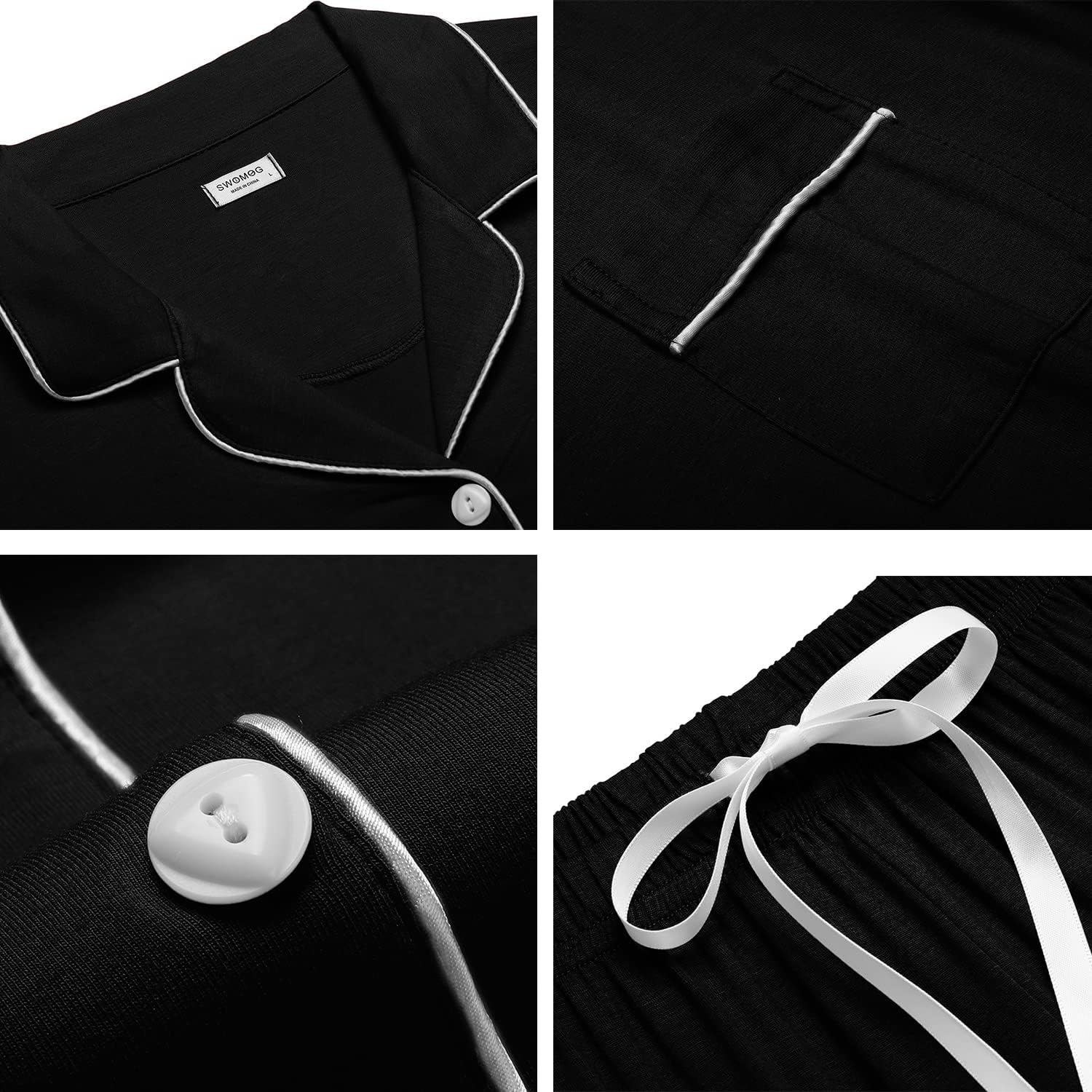 SWOMOG Womens Button Down Pajamas Set Short Sleeve Sleepwear Bride Soft Pj Lounge Sets XS-3XL Medium Black