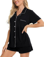 SWOMOG Womens Button Down Pajamas Set Short Sleeve Sleepwear Bride Soft Pj Lounge Sets XS-3XL Medium Black