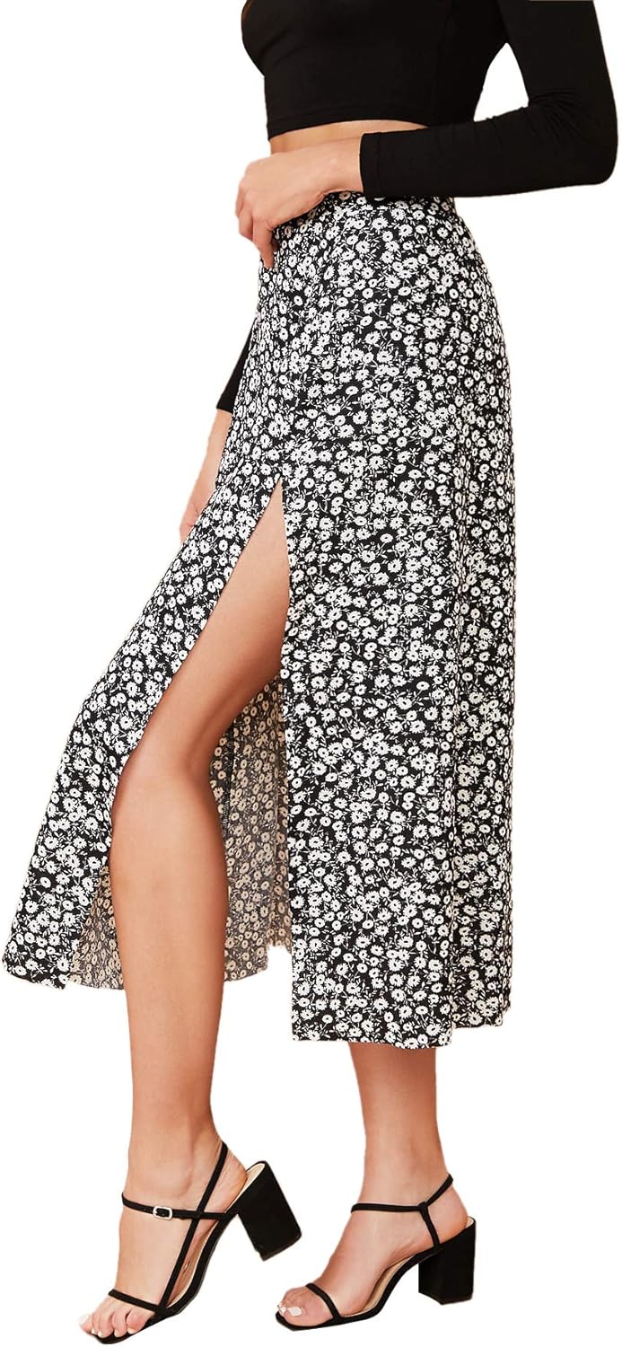 Verdusa Women's Sexy Boho Floral Split Thigh High Waist Swing Midi Skirt X-Large Black