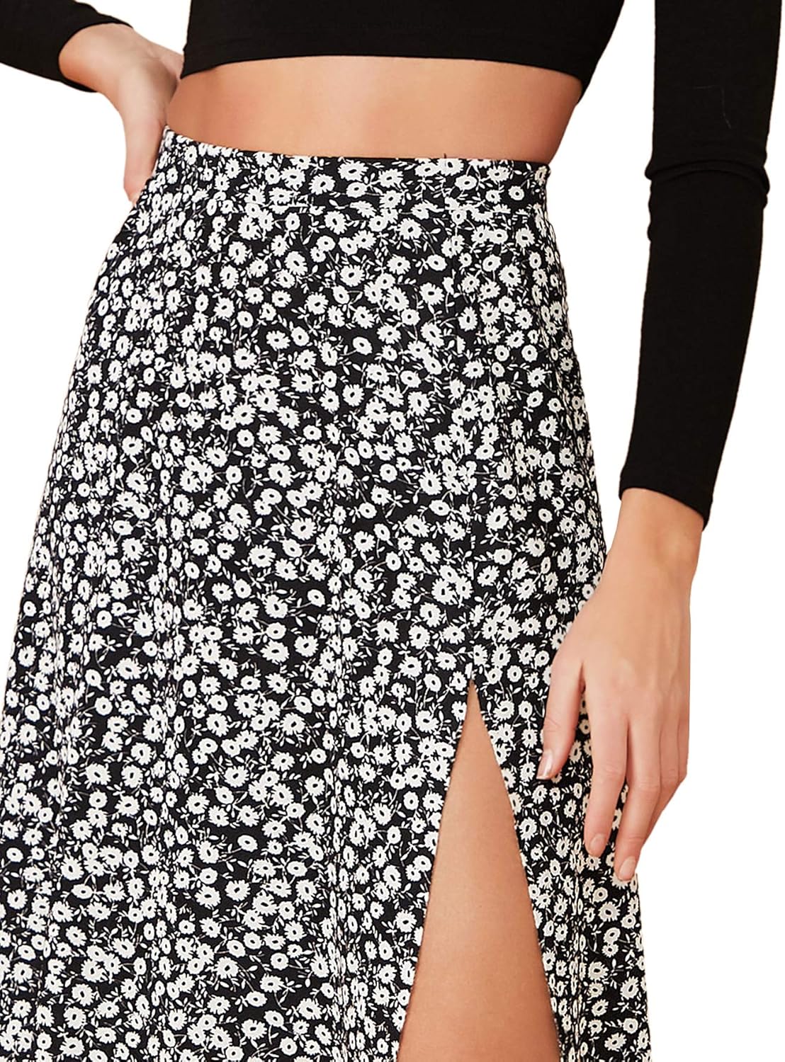 Verdusa Women's Sexy Boho Floral Split Thigh High Waist Swing Midi Skirt X-Large Black