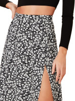 Verdusa Women's Sexy Boho Floral Split Thigh High Waist Swing Midi Skirt X-Large Black