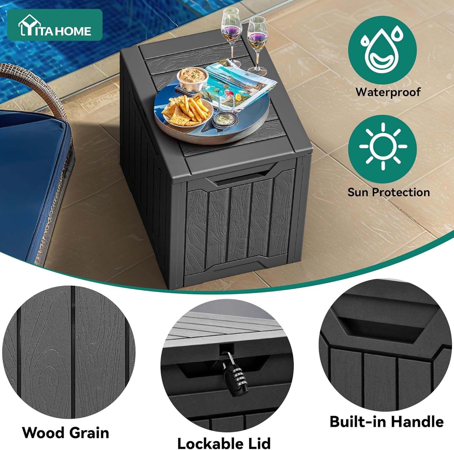 YITAHOME 31 Gallon Resin Deck Box Outdoor Storage Box and Waterproof Package Delivery Box with Lockable Lid for Patio Furniture, GardenTools, Pool Supplies, Black Black 30 Gallon