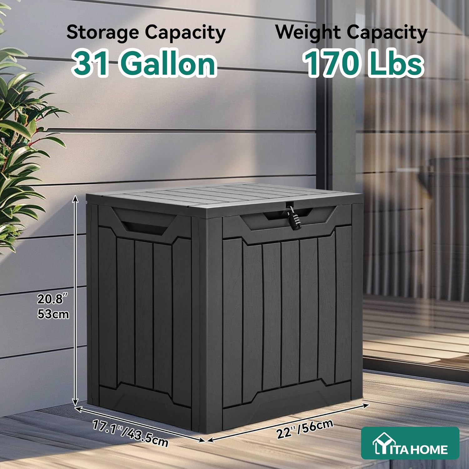 YITAHOME 31 Gallon Resin Deck Box Outdoor Storage Box and Waterproof Package Delivery Box with Lockable Lid for Patio Furniture, GardenTools, Pool Supplies, Black Black 30 Gallon