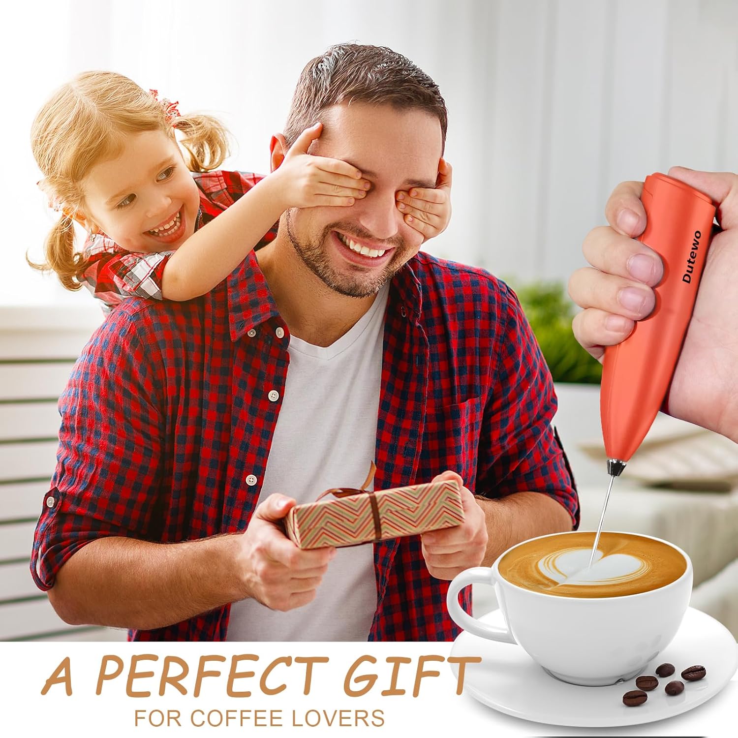 Hand Mixer Milk Frother for Coffee - Dutewo Frother Handheld Foam Maker for Lattes, Electric whisk Drink Mixer Mini Foamer for Cappuccino, Frappe, Matcha, Hot Chocolate, Red 178C