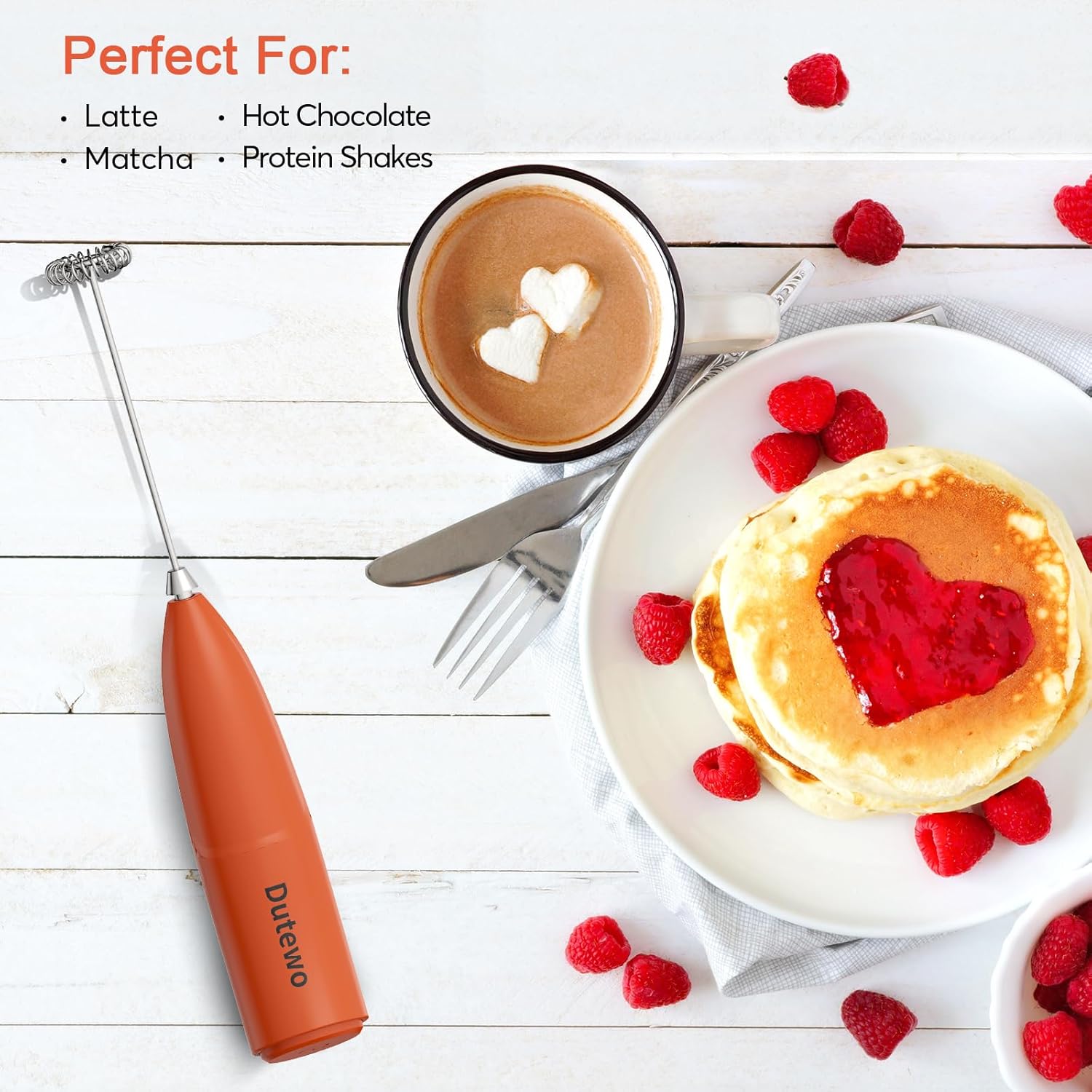Hand Mixer Milk Frother for Coffee - Dutewo Frother Handheld Foam Maker for Lattes, Electric whisk Drink Mixer Mini Foamer for Cappuccino, Frappe, Matcha, Hot Chocolate, Red 178C
