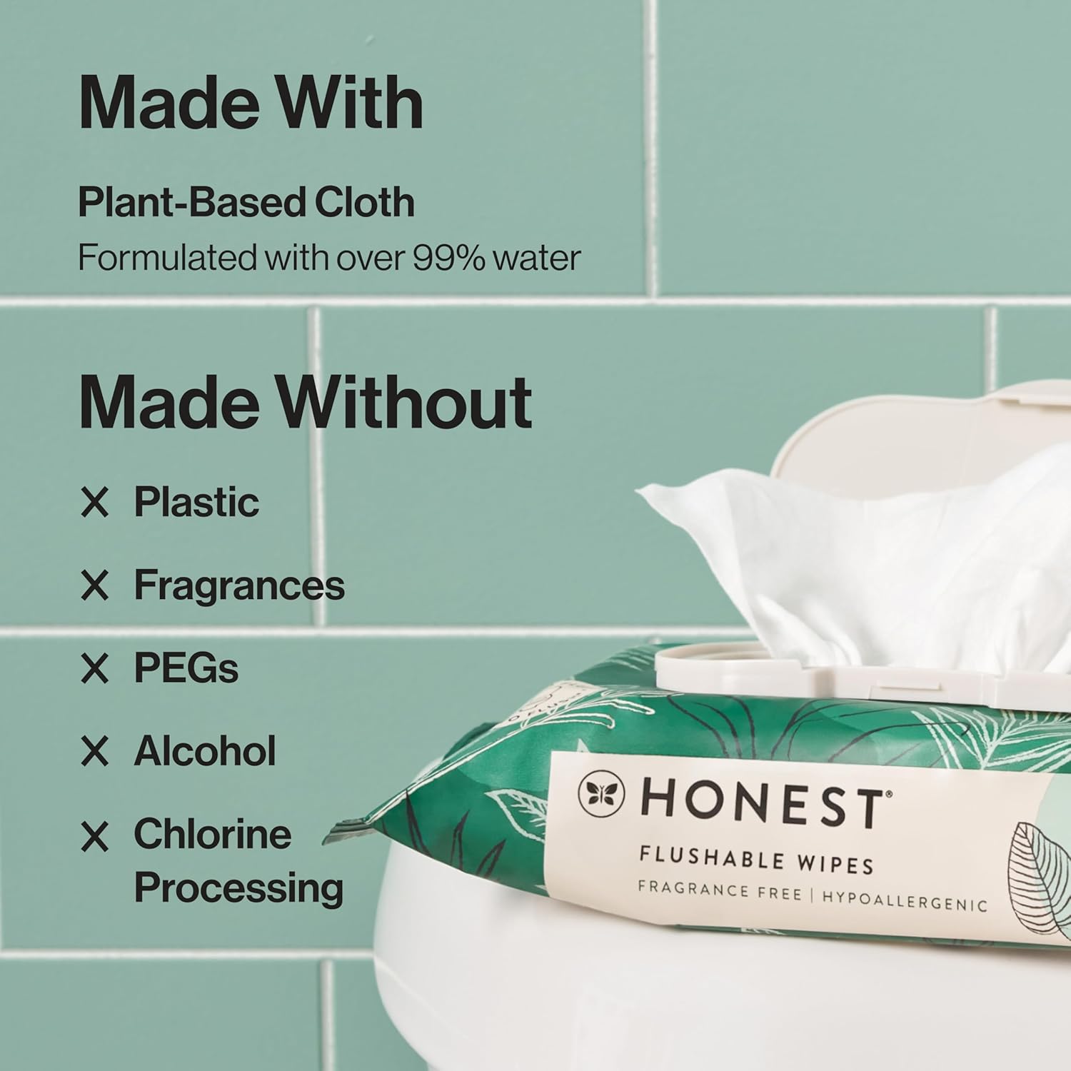 The Honest Company Flushable Wipes for Sensitive Skin | Fragrance Free, Hypoallergenic, 99% Water, Safe to Flush | pH Balanced Feminine Wipes | Tropical Leaves, 42 Count Tropical Leaves 42 Count (Pack of 1)