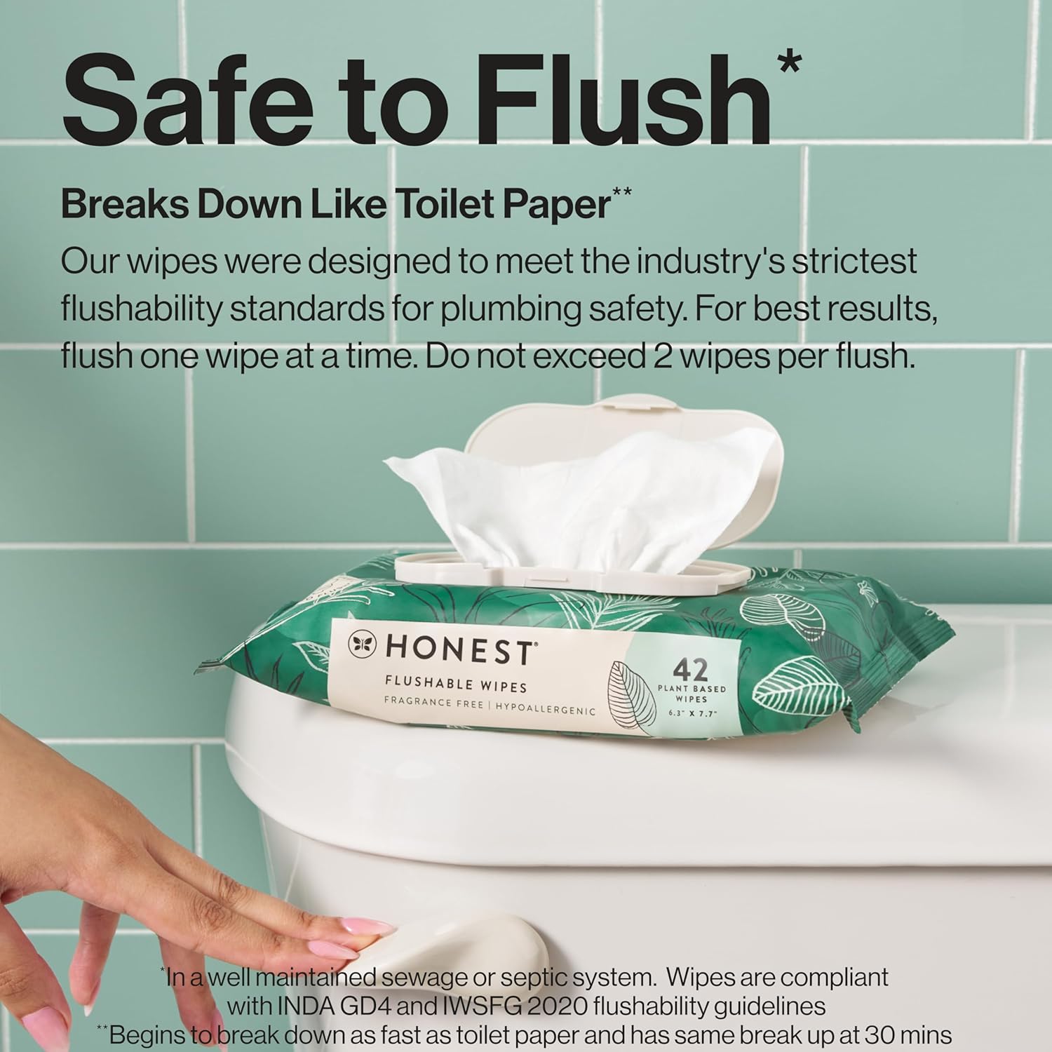 The Honest Company Flushable Wipes for Sensitive Skin | Fragrance Free, Hypoallergenic, 99% Water, Safe to Flush | pH Balanced Feminine Wipes | Tropical Leaves, 42 Count Tropical Leaves 42 Count (Pack of 1)