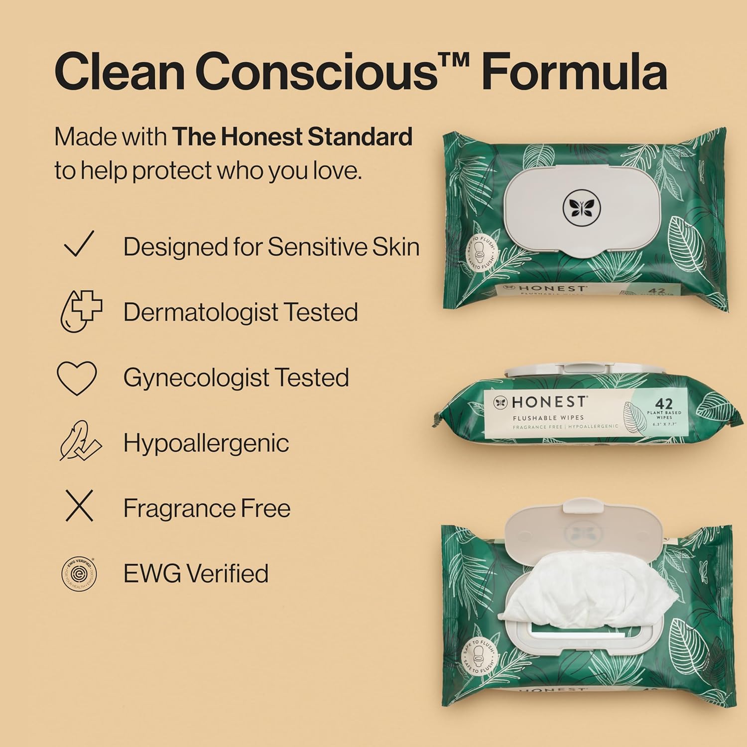 The Honest Company Flushable Wipes for Sensitive Skin | Fragrance Free, Hypoallergenic, 99% Water, Safe to Flush | pH Balanced Feminine Wipes | Tropical Leaves, 42 Count Tropical Leaves 42 Count (Pack of 1)