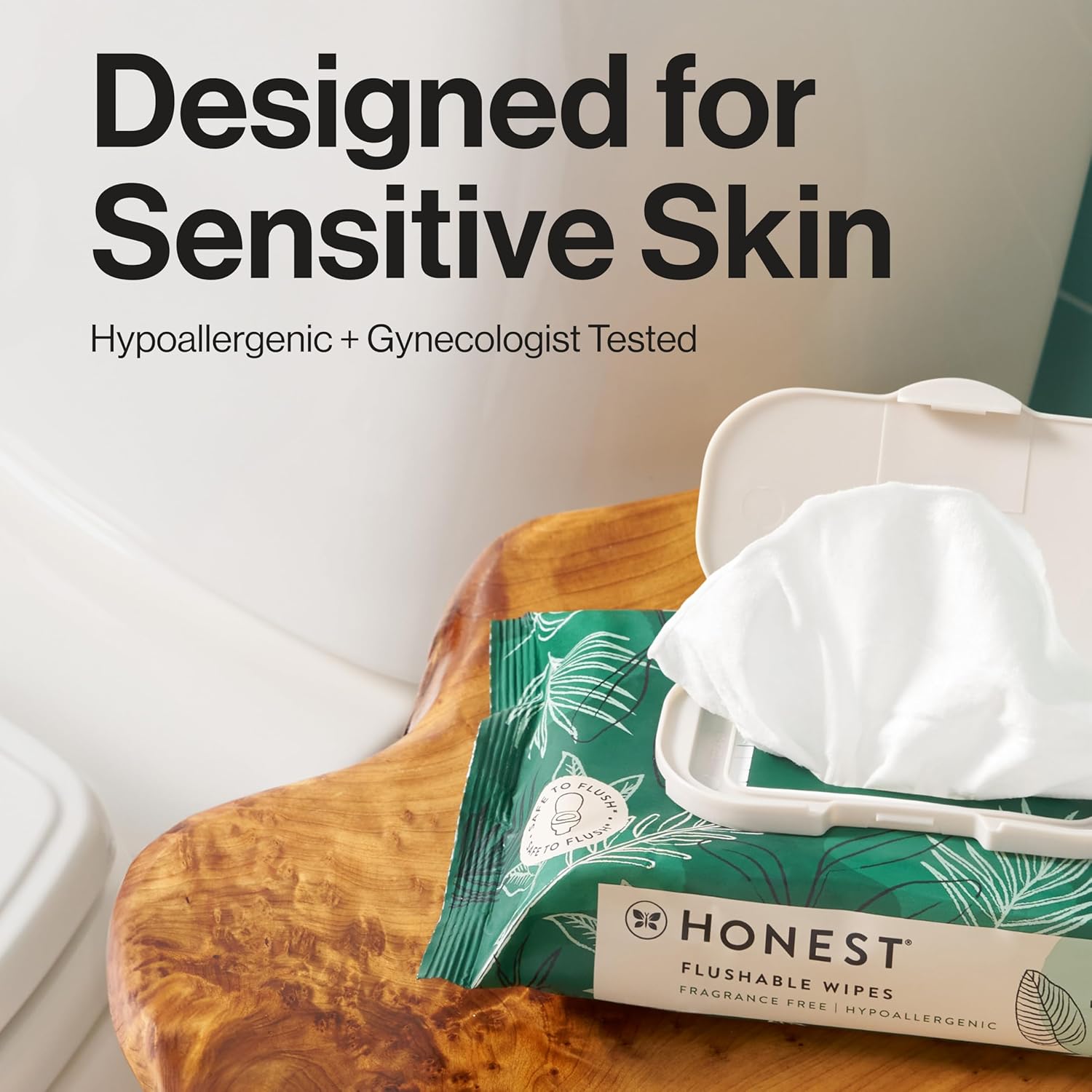 The Honest Company Flushable Wipes for Sensitive Skin | Fragrance Free, Hypoallergenic, 99% Water, Safe to Flush | pH Balanced Feminine Wipes | Tropical Leaves, 42 Count Tropical Leaves 42 Count (Pack of 1)