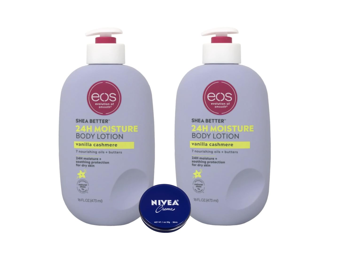 EOS Shea Better 24 Moisture Body Lotion. Vanilla Cashmere. 16 fl oz. ( Pack of 2) Travel Size Body Cream 1 Oz., 3 Piece Set