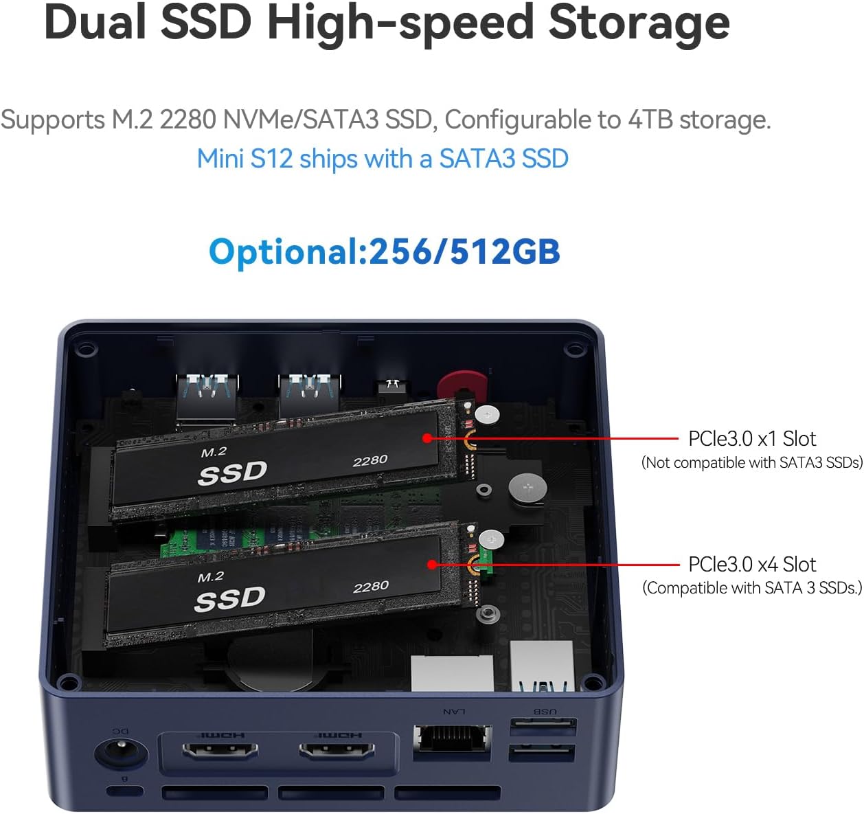 Beelink Mini S12 Mini PC, Intel N95 (4C/4T, up to 3.4GHz), 8GB DDR4, 256GB SSD, Desktop Computer Support Dual HDMI 4K@60Hz, WiFi 6, BT5.2, NAS, Low Power N100 16G+500G
