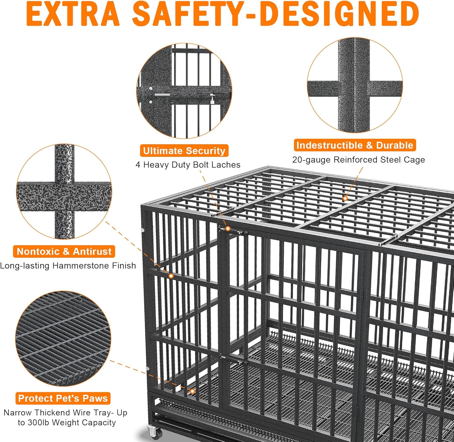 54/48/42/38 inch Heavy Duty Indestructible and Escape-Proof Dog Crate Cage Kennel for Large Dogs, High Anxiety Dog Crate with Removable Wire Trays and Wheels, Extra Large XL XXL 48.0
