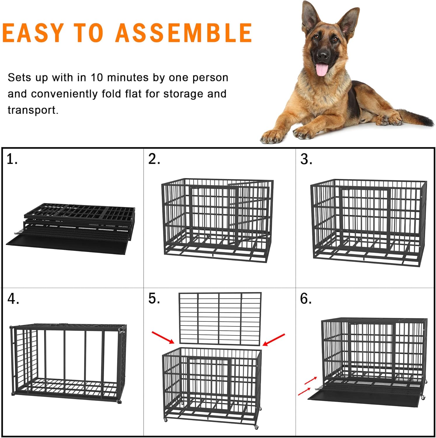 54/48/42/38 inch Heavy Duty Indestructible and Escape-Proof Dog Crate Cage Kennel for Large Dogs, High Anxiety Dog Crate with Removable Wire Trays and Wheels, Extra Large XL XXL 48.0