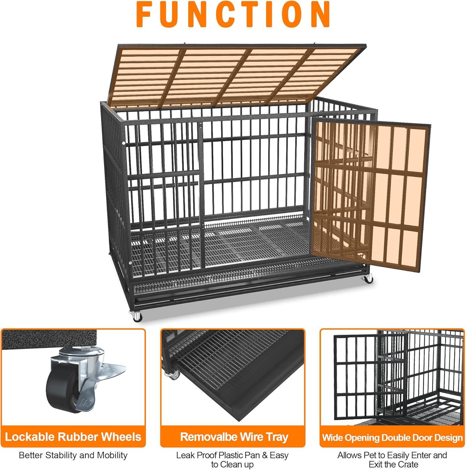 54/48/42/38 inch Heavy Duty Indestructible and Escape-Proof Dog Crate Cage Kennel for Large Dogs, High Anxiety Dog Crate with Removable Wire Trays and Wheels, Extra Large XL XXL 48.0
