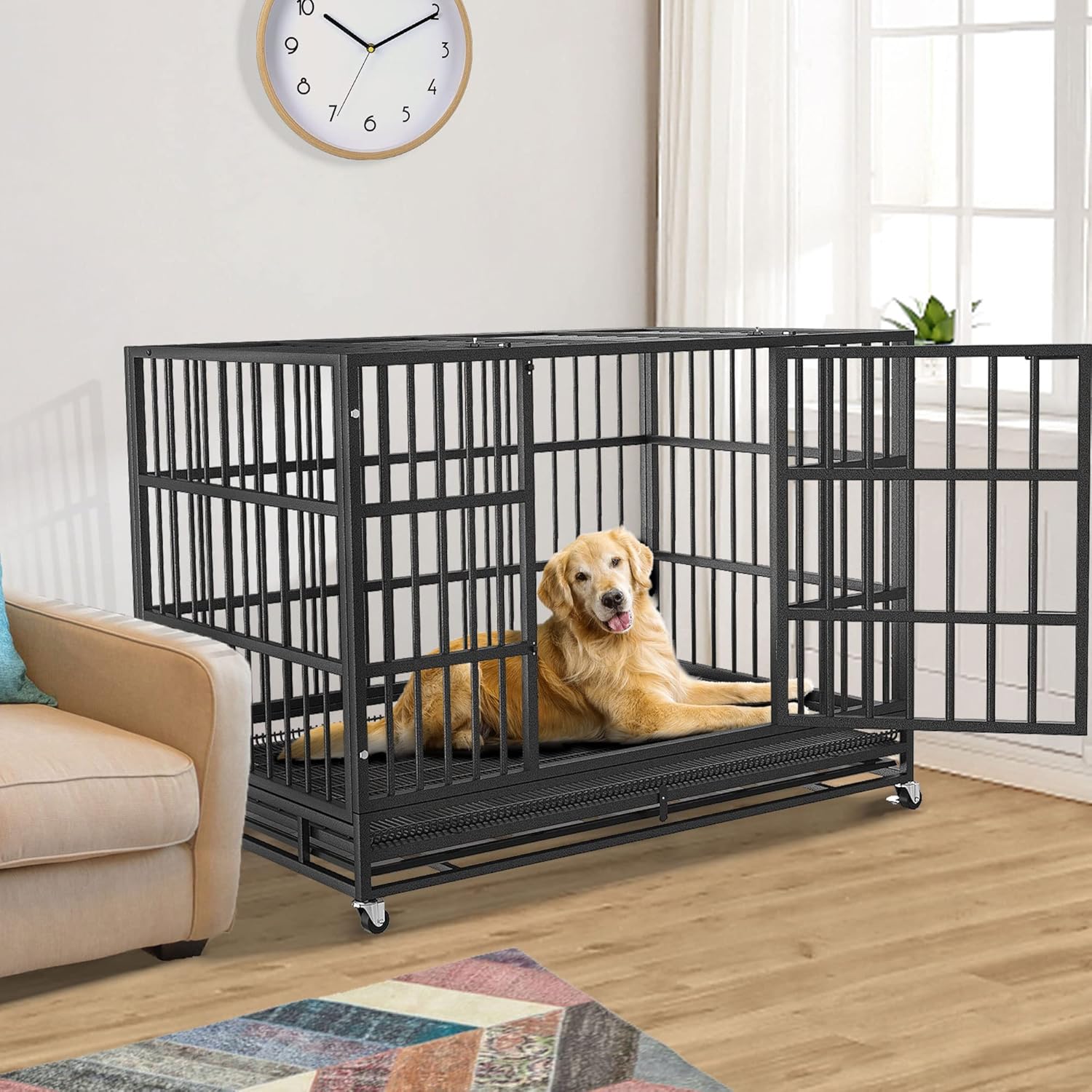 54/48/42/38 inch Heavy Duty Indestructible and Escape-Proof Dog Crate Cage Kennel for Large Dogs, High Anxiety Dog Crate with Removable Wire Trays and Wheels, Extra Large XL XXL 48.0