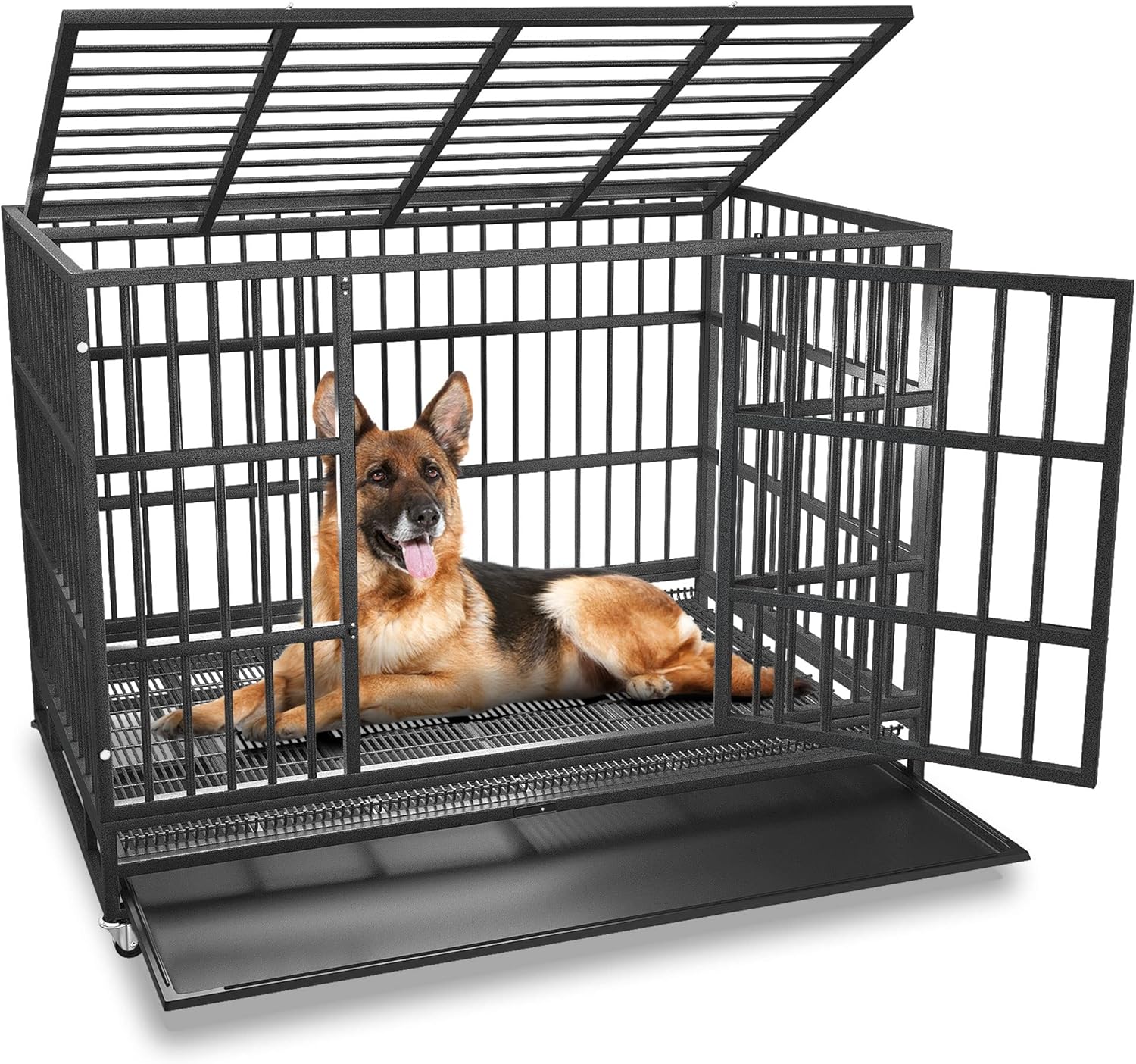 54/48/42/38 inch Heavy Duty Indestructible and Escape-Proof Dog Crate Cage Kennel for Large Dogs, High Anxiety Dog Crate with Removable Wire Trays and Wheels, Extra Large XL XXL 48.0