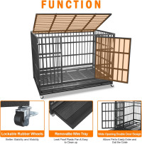 54/48/42/38 inch Heavy Duty Indestructible and Escape-Proof Dog Crate Cage Kennel for Large Dogs, High Anxiety Dog Crate with Removable Wire Trays and Wheels, Extra Large XL XXL 48.0