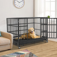 54/48/42/38 inch Heavy Duty Indestructible and Escape-Proof Dog Crate Cage Kennel for Large Dogs, High Anxiety Dog Crate with Removable Wire Trays and Wheels, Extra Large XL XXL 48.0