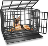 54/48/42/38 inch Heavy Duty Indestructible and Escape-Proof Dog Crate Cage Kennel for Large Dogs, High Anxiety Dog Crate with Removable Wire Trays and Wheels, Extra Large XL XXL 48.0