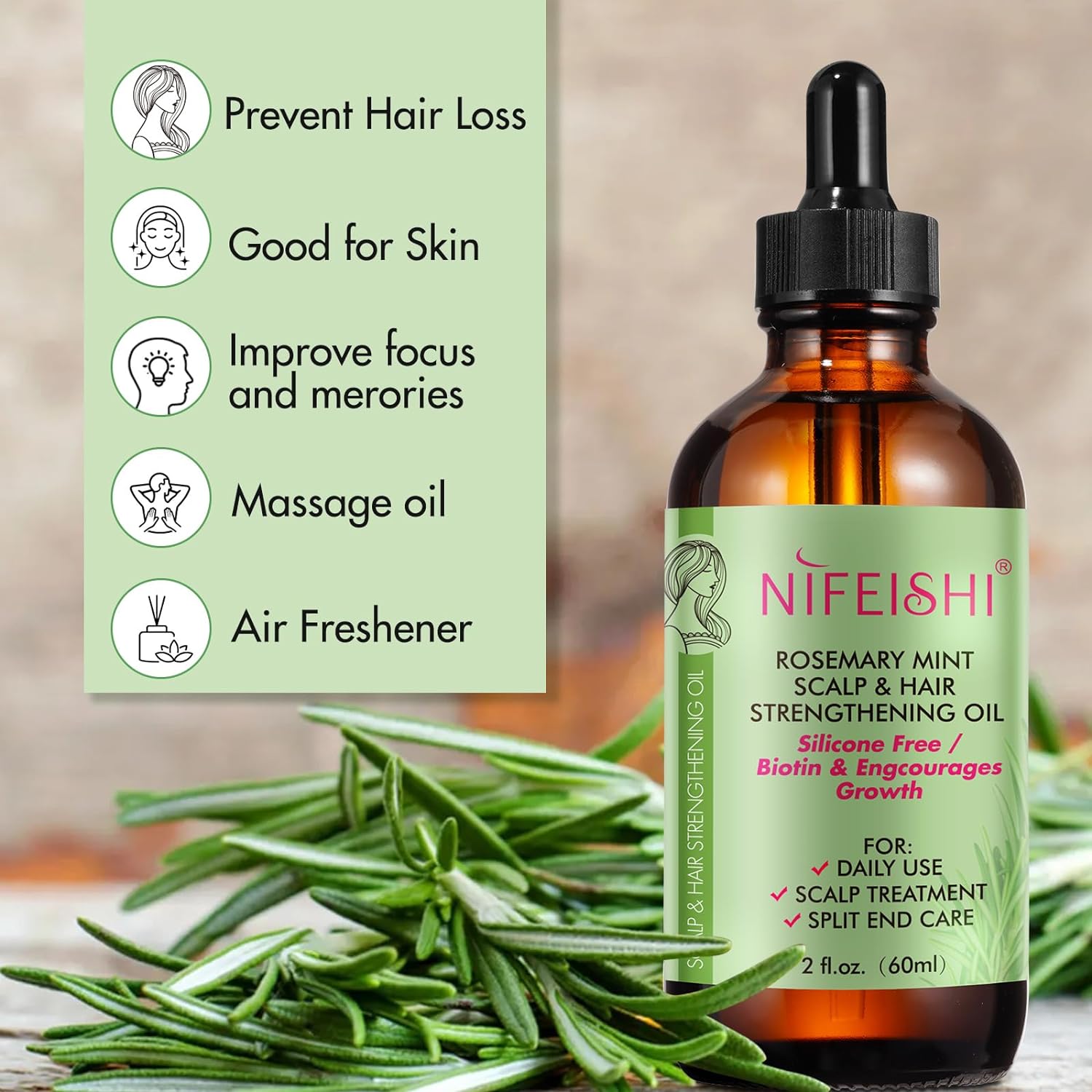 NIFEISHI Rosemary Oil for Hair Growth Organic(4.04 Oz), Rosemary Mint Scalp & Hair Strengthening Oil with Biotin & Essential Oils, Hair Growth Oil for Dry Damaged Hair, Skin Care & Face 2PCM-Rosemary