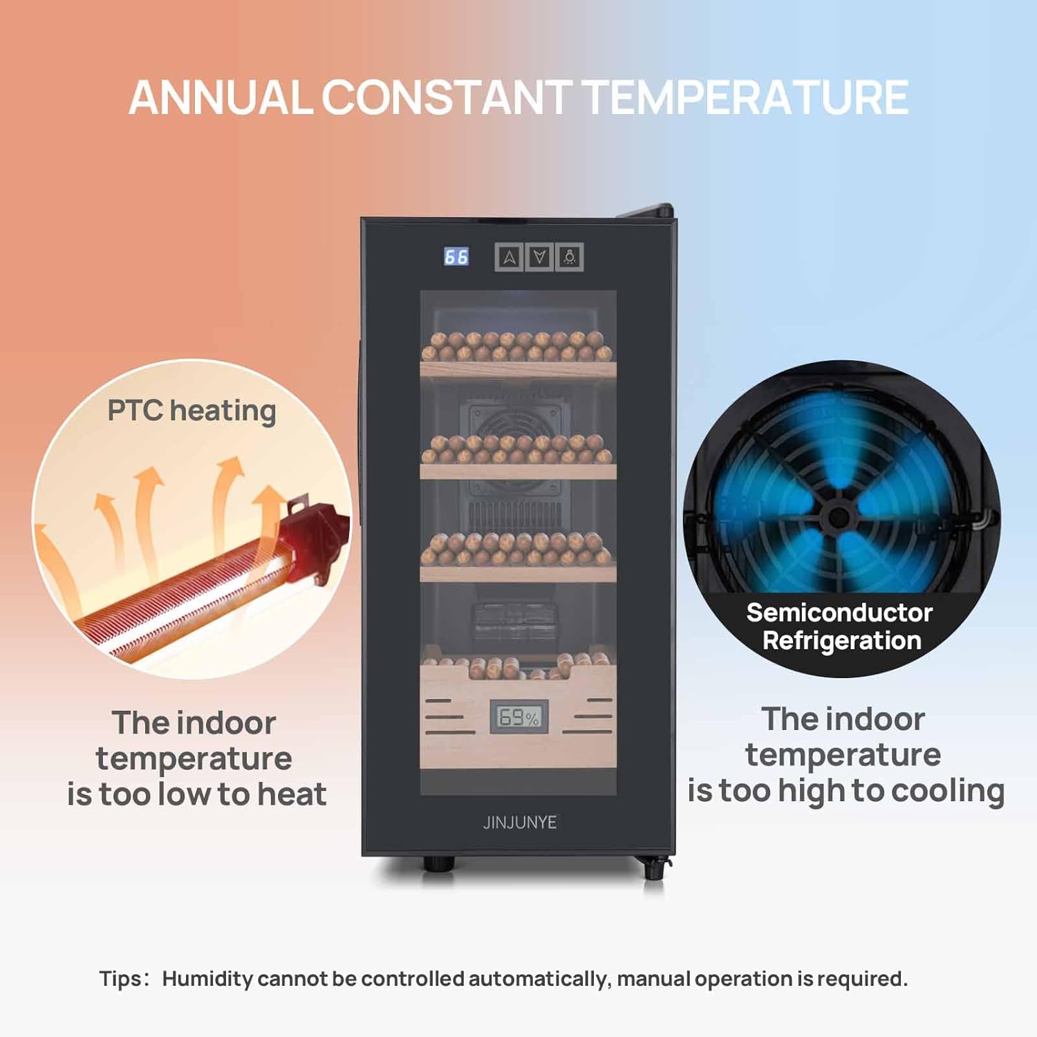 JINJUNYE 26L Cigar Humidors with Cooling and Heating Function, Electirc Cooler Humidor with Spanish Cedar Wood Drawer Shelves, Temperature Control & Hygrometer, Cabinet Humidor, Gift for Men