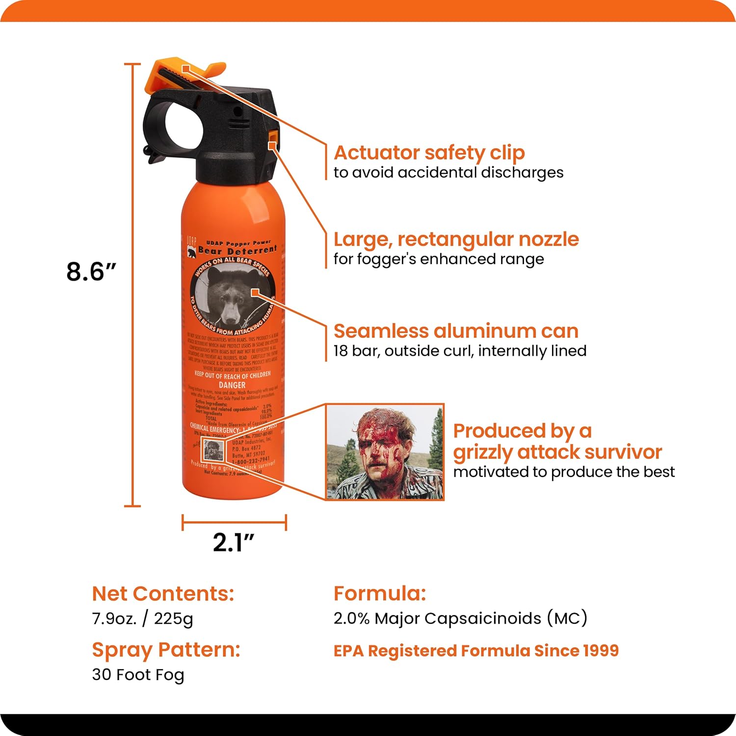 UDAP Pepper Power Bear Spray Self Defense Deterrent with Holster for Camping, Hiking, Fishing, Powerful Blast Pattern, 30 ft Fog Barrier, Safety Orange, SO2, 7.9 oz, 2 Pack