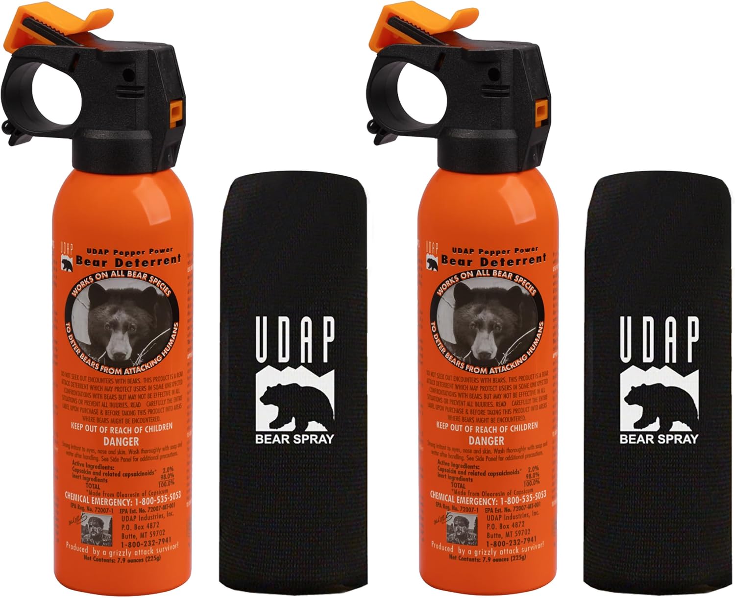 UDAP Pepper Power Bear Spray Self Defense Deterrent with Holster for Camping, Hiking, Fishing, Powerful Blast Pattern, 30 ft Fog Barrier, Safety Orange, SO2, 7.9 oz, 2 Pack