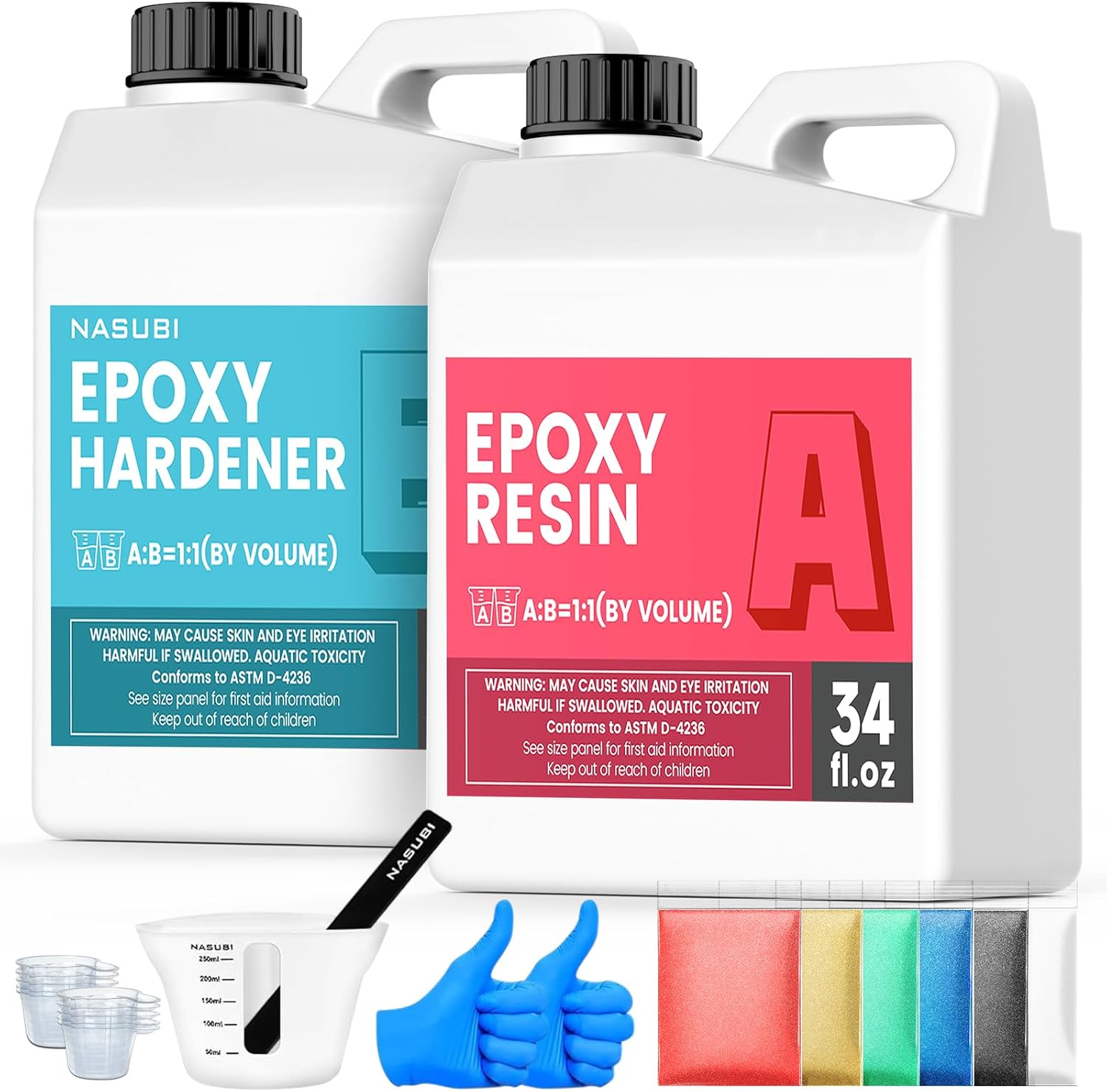 NASUBI Epoxy Resin Kit - 68OZ Crystal Clear Resin for Crafts, Mold, Wood, Jewelry Making, Art Casting Resin for Art, NO Bubble, 2 Part Clear Epoxy with Silicone Cups, Sticks, Pigment 68oz/1.93L
