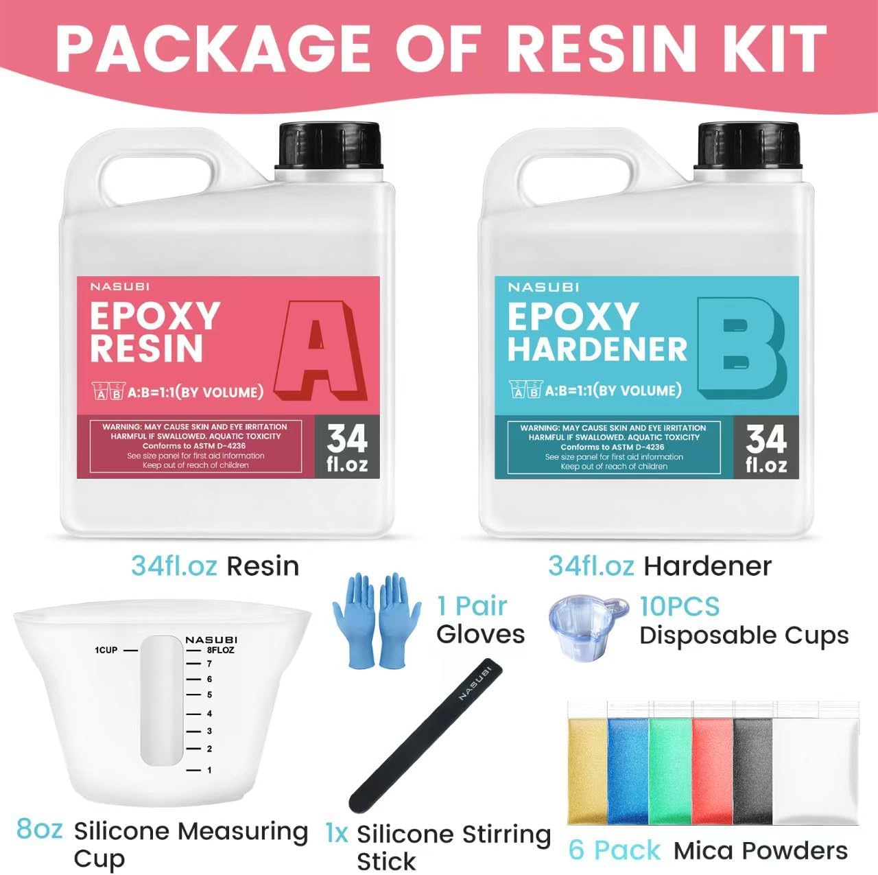 NASUBI Epoxy Resin Kit - 68OZ Crystal Clear Resin for Crafts, Mold, Wood, Jewelry Making, Art Casting Resin for Art, NO Bubble, 2 Part Clear Epoxy with Silicone Cups, Sticks, Pigment 68oz/1.93L