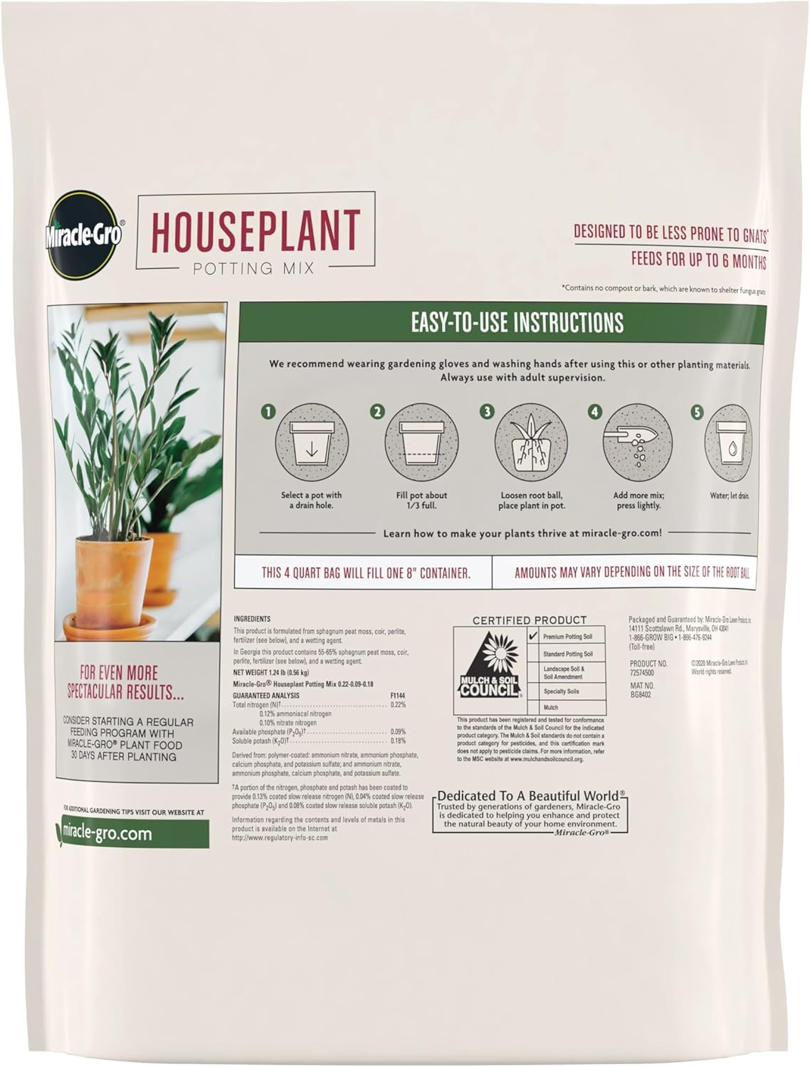 Miracle-Gro Houseplant Potting Mix - Fertilized Indoor Plant Soil for Containers, Designed to be Less Prone to Gnats, 4 qt. 1 Pack Houseplant