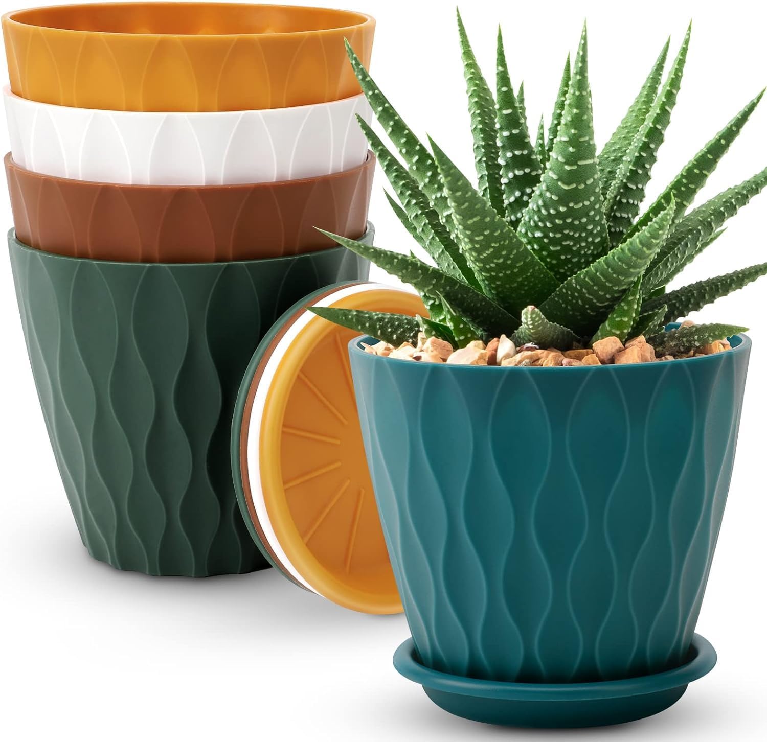 6 inch Plant Pots, 5 Pack Flower Pots Outdoor Indoor, Planters with Drainage Holes and Tray Saucers（Multicolor） Multicolor 6 inch