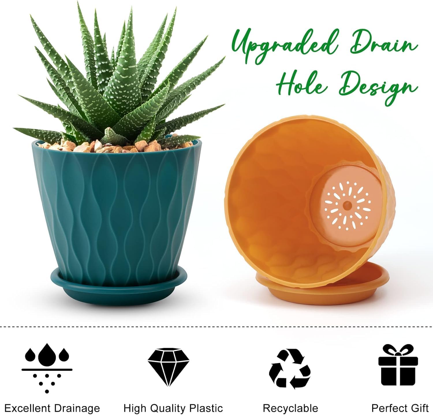 6 inch Plant Pots, 5 Pack Flower Pots Outdoor Indoor, Planters with Drainage Holes and Tray Saucers（Multicolor） Multicolor 6 inch