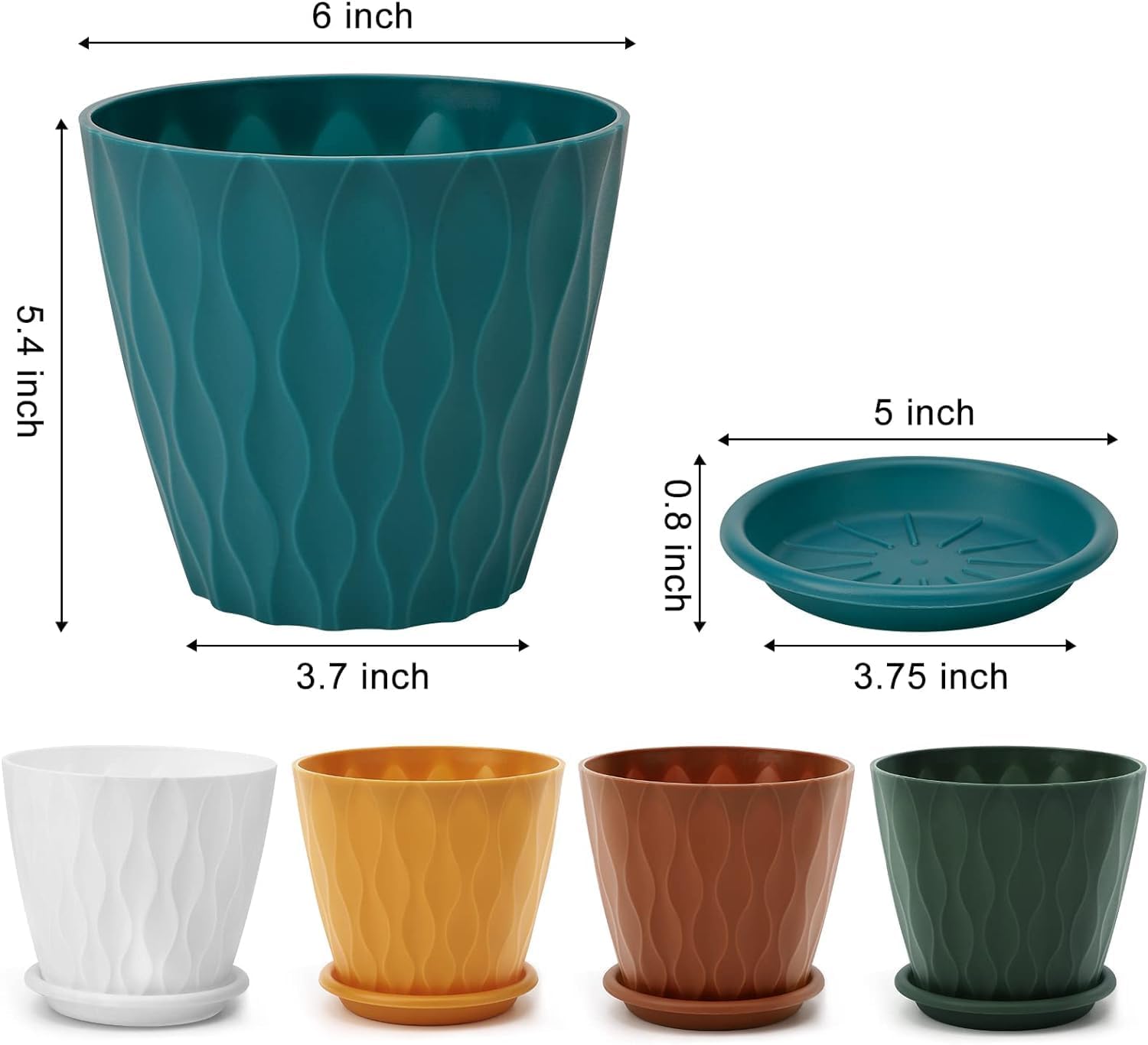 6 inch Plant Pots, 5 Pack Flower Pots Outdoor Indoor, Planters with Drainage Holes and Tray Saucers（Multicolor） Multicolor 6 inch