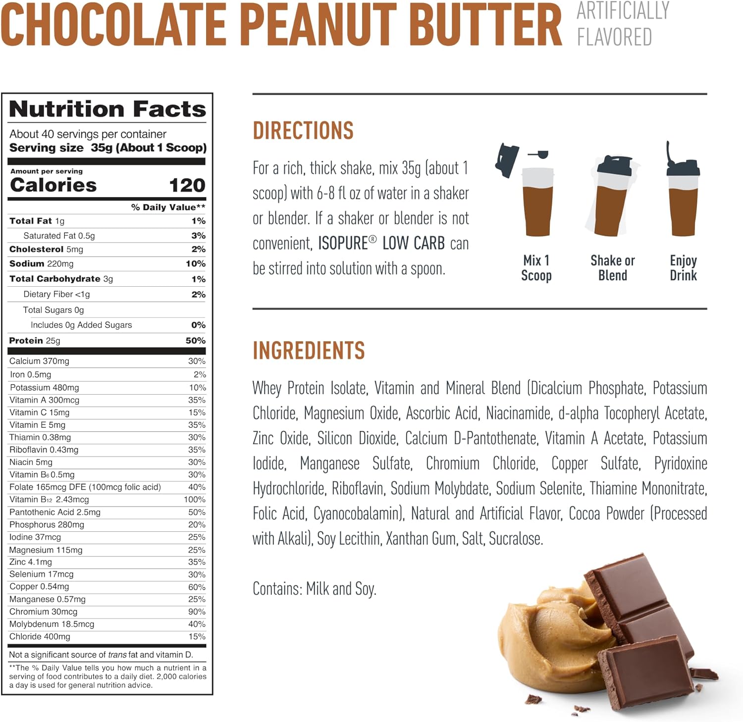 Isopure Low Carb 100% Pure Whey Isolate Protein Powder, Lactose Free, Gluten Free, With Vitamins, Chocolate Peanut Butter, 25g Protein Per Serving, 3 Lbs, 40 Servings Chocolate Peanut Butter 40 Servings (Pack of 1)
