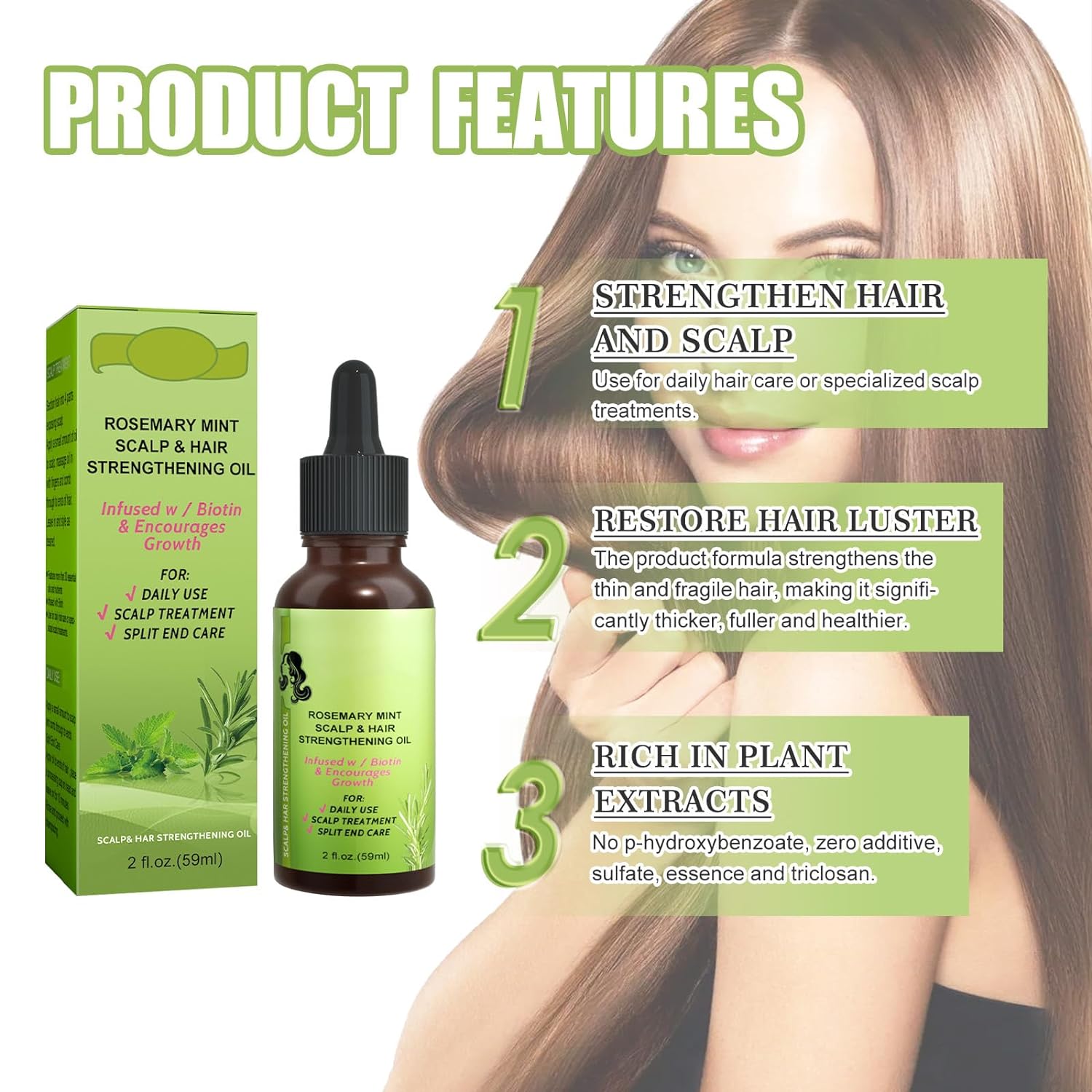 Rosemary Mint Scalp & Hair Strengthening Oil, Organic Rosemary Essential Oil for Hair Growth Serum, For split end care，Nourishes Scalp, Rid of Itchy & Dry Scalp, Hair Loss