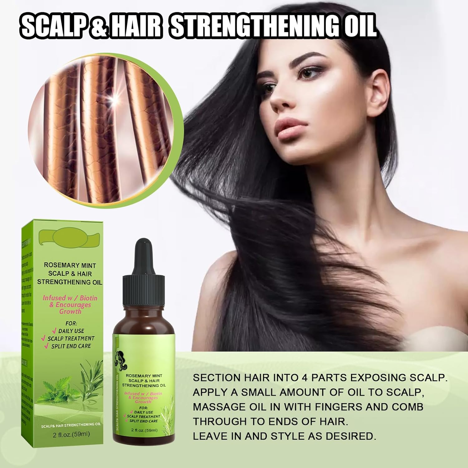 Rosemary Mint Scalp & Hair Strengthening Oil, Organic Rosemary Essential Oil for Hair Growth Serum, For split end care，Nourishes Scalp, Rid of Itchy & Dry Scalp, Hair Loss