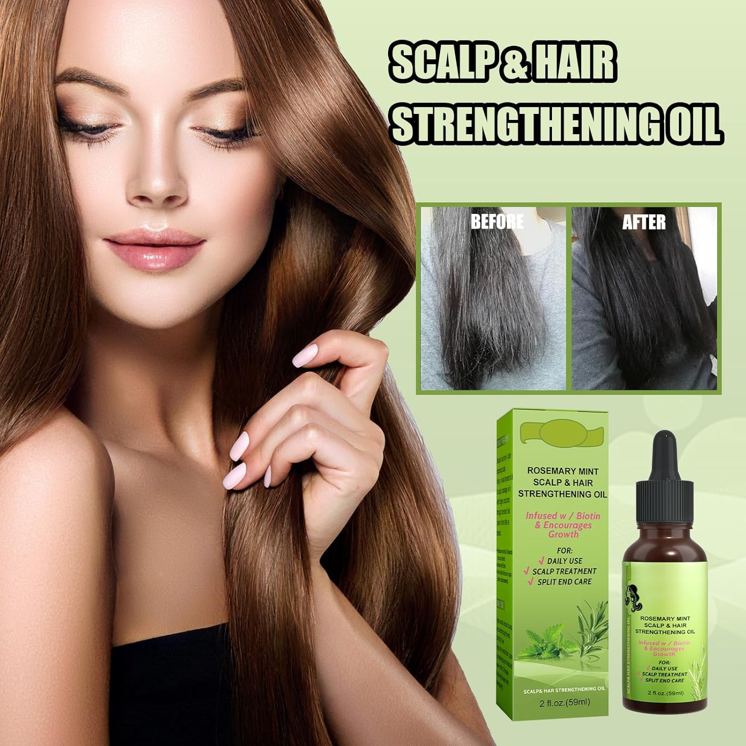 Rosemary Mint Scalp & Hair Strengthening Oil, Organic Rosemary Essential Oil for Hair Growth Serum, For split end care，Nourishes Scalp, Rid of Itchy & Dry Scalp, Hair Loss