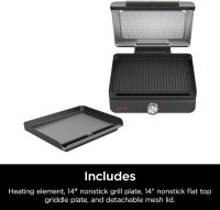 Ninja Griddle and Indoor Grill, 14’’, Electric Grill, For Steak, Burgers, Salmon, Veggies, and More, Pancake Griddle, Nonstick, Dishwasher Safe, 500F, Even Cooking, Silver, GR101