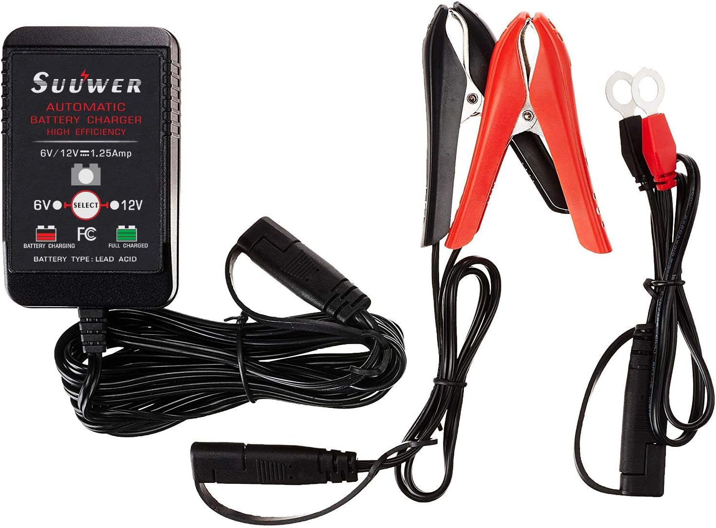 Suuwer 1.25-Amp Trickle Battery Charger 6V/12V Fully-Automatic Smart Battery Maintainer for Motorcycle, ATV, Boat, Lawn Mower and More 6V/12V @ 1.25 AMP