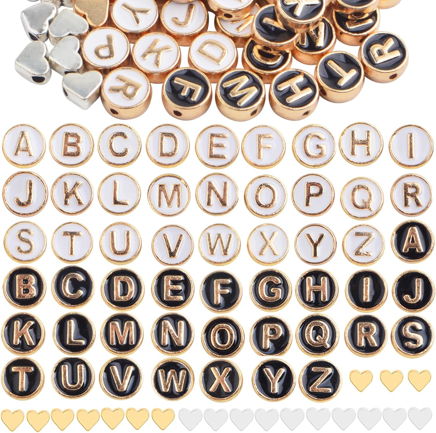 52pcs 2 Colors Enamel Alphabet Beads 8 mm Flat Round Initial Letter A-Z Beads and 20pcs 2 Colors Alloy Heart Spacer for DIY Bracelet Necklace Earrings Jewelry Making