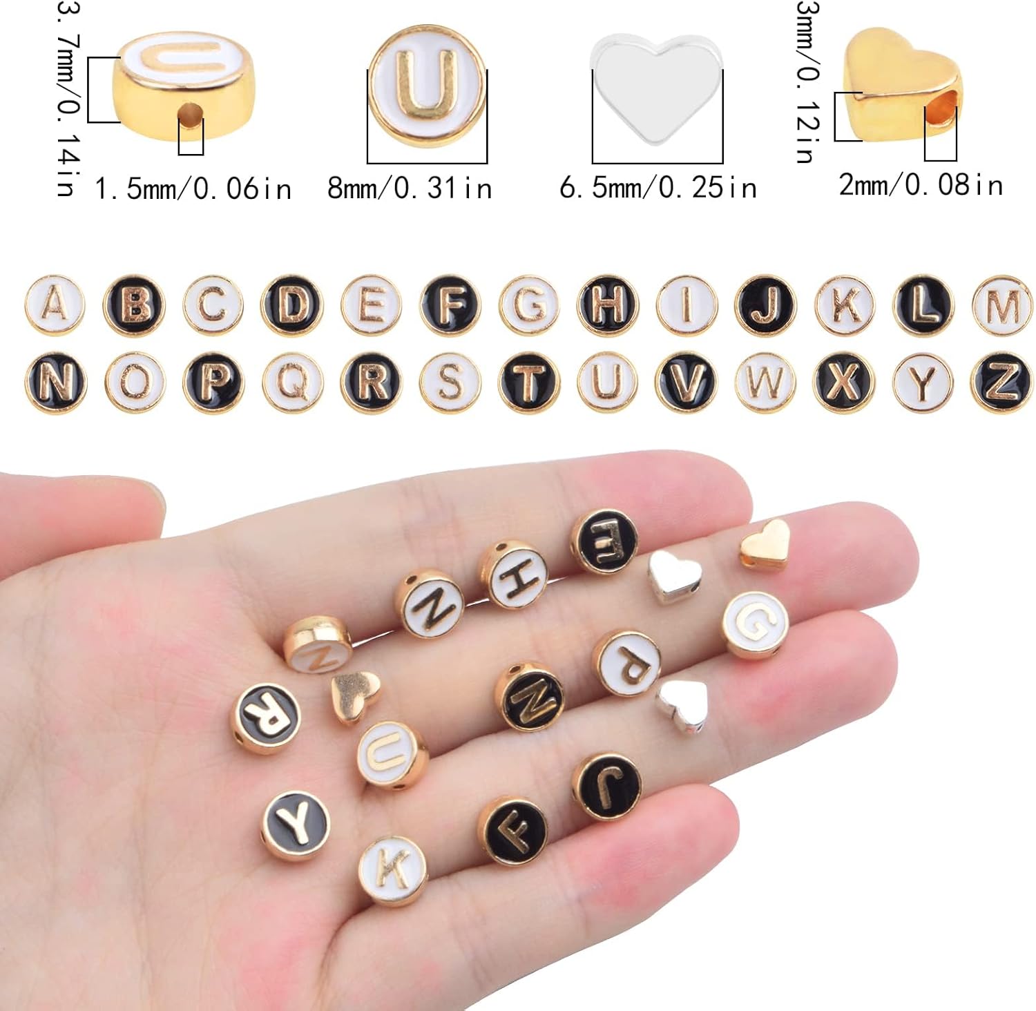 52pcs 2 Colors Enamel Alphabet Beads 8 mm Flat Round Initial Letter A-Z Beads and 20pcs 2 Colors Alloy Heart Spacer for DIY Bracelet Necklace Earrings Jewelry Making