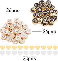 52pcs 2 Colors Enamel Alphabet Beads 8 mm Flat Round Initial Letter A-Z Beads and 20pcs 2 Colors Alloy Heart Spacer for DIY Bracelet Necklace Earrings Jewelry Making