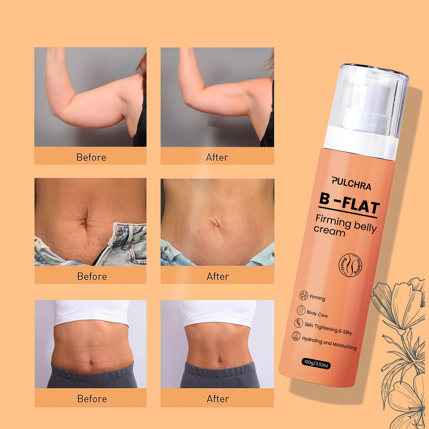 Belly Firming Cream for Skin Tightening: Reducing Stretch Marks, B Flat Anti-Cellulite Cream for Belly, Arms, Thighs and Butt - Moisturizing & Soften Skin For Women and Men Visibly, 3.52 Fl. OZ.