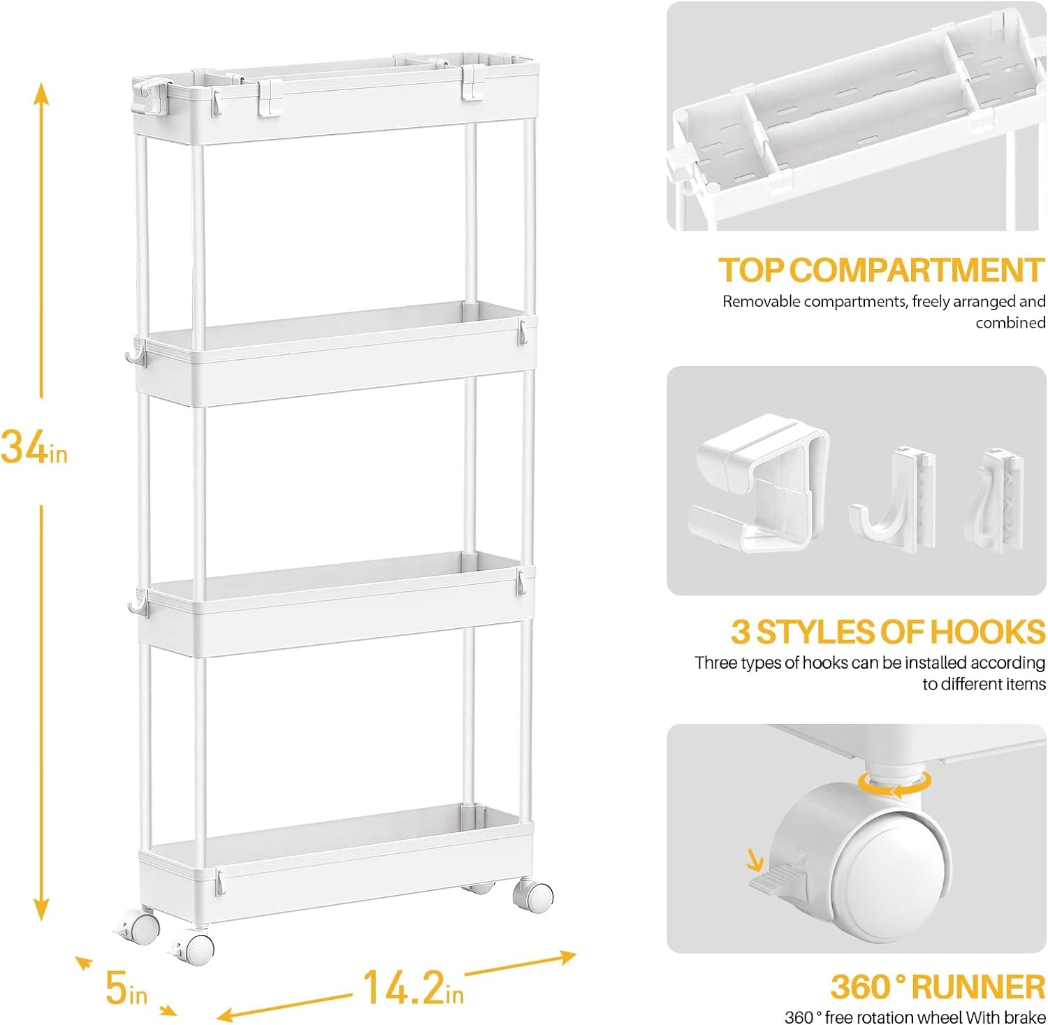 SPACELEAD Slim Storage Cart 4 Tier,Bathroom Storage Organizer Rolling Utility Cart, Mobile Shelving Unit Slide Out Storage Cart for Office, Bathroom, Kitchen, Laundry Room & Narrow Places， White