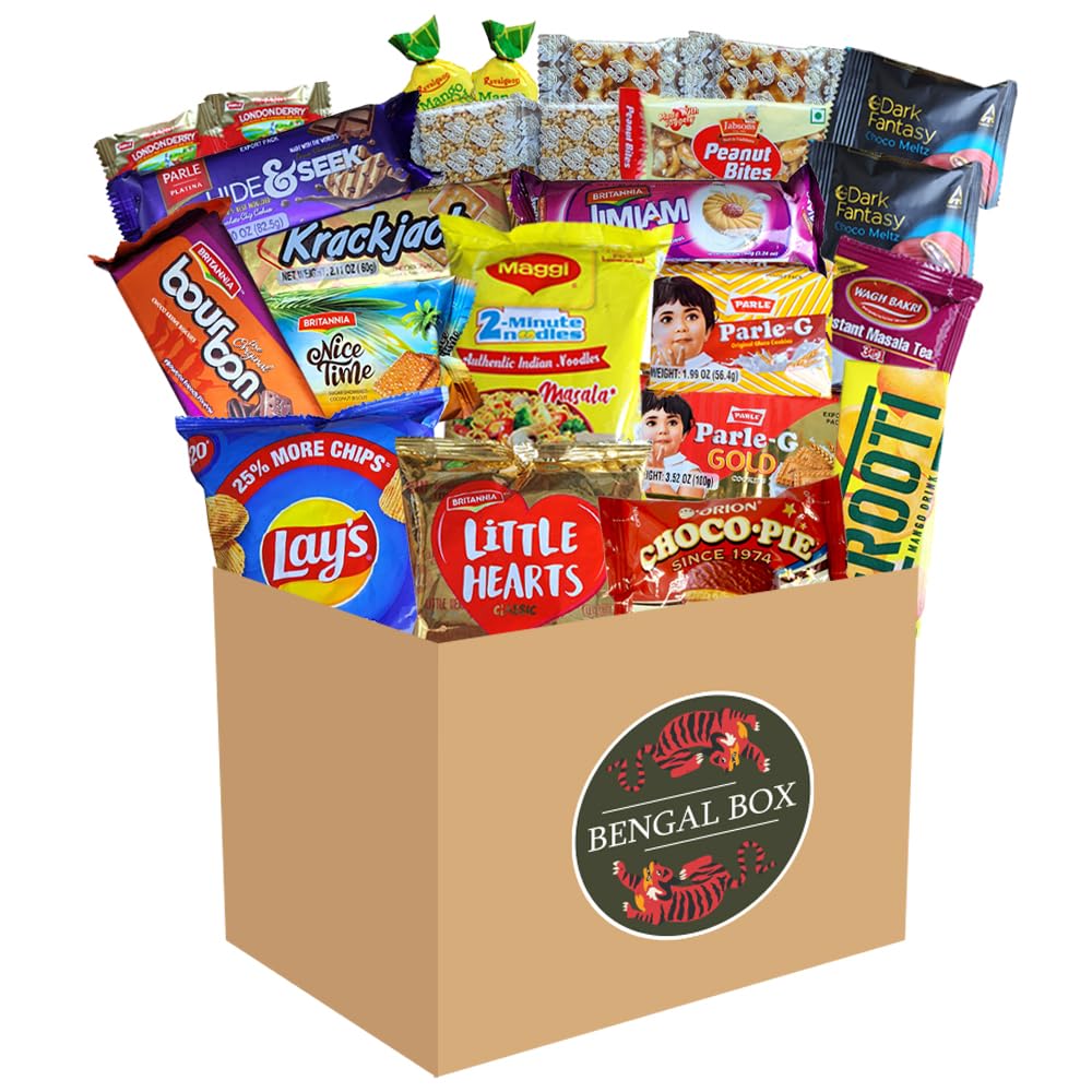 BENGAL BOX Indian Snack Box Assortment 24 Piece, Individually Packaged Top Brand Named Snacks Essential Sample Pack of Chips Pie Cookie Candy