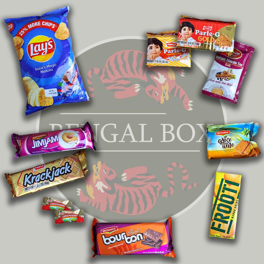 BENGAL BOX Indian Snack Box Assortment 24 Piece, Individually Packaged Top Brand Named Snacks Essential Sample Pack of Chips Pie Cookie Candy